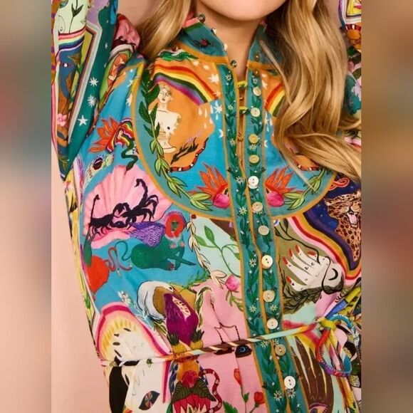 Fun Cute Long Sleeve Mini Shirt Dress with Colorful Graphic Print Az S M L XL 2X - Picture 9 of 10